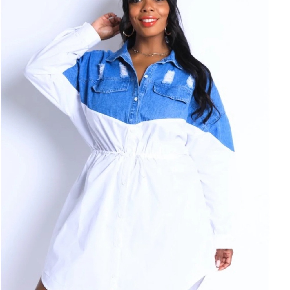 Denim and White Colorblock Shirt Dress